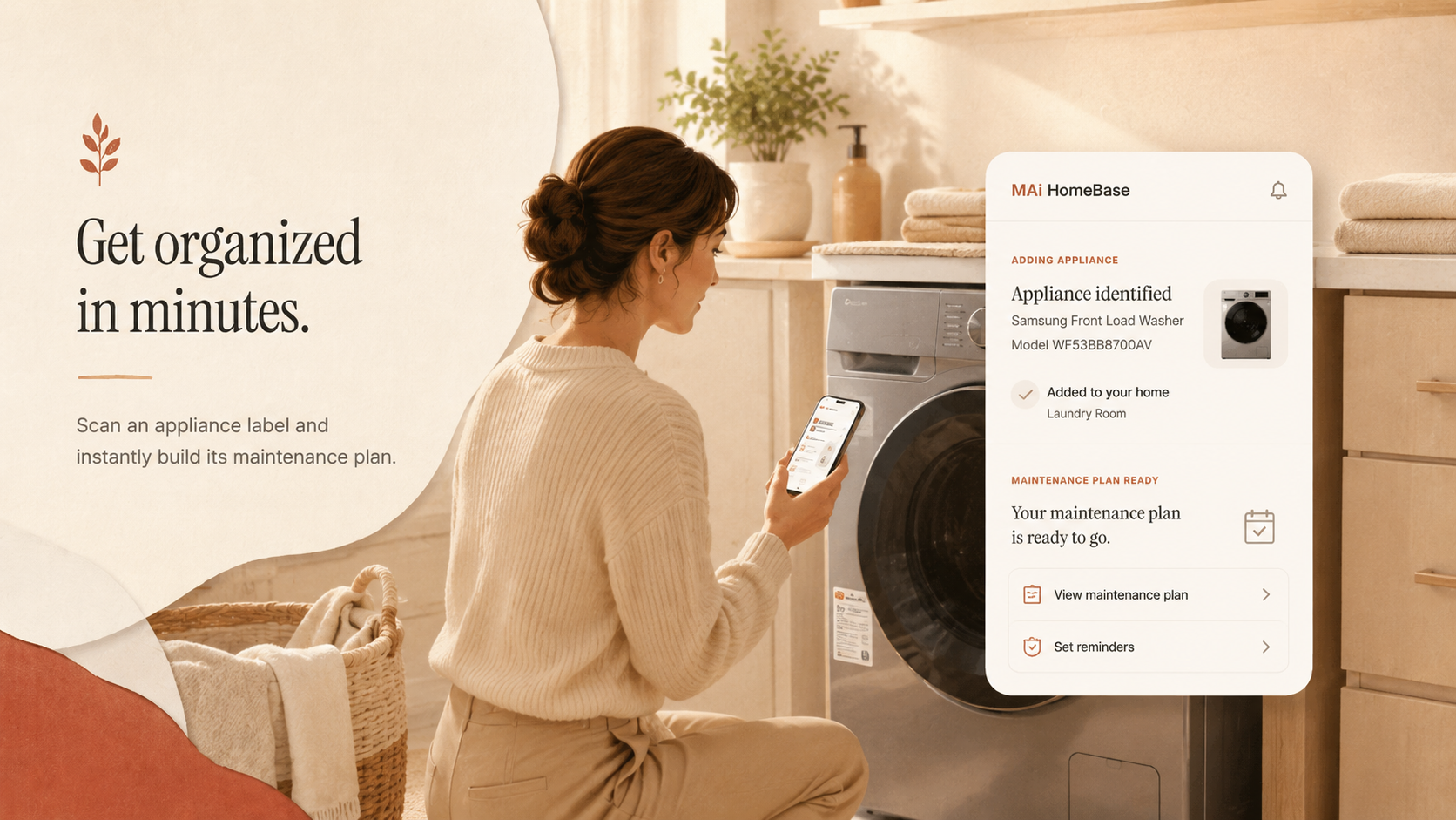 MAi HomeBase appliance label scan and maintenance plan scenario